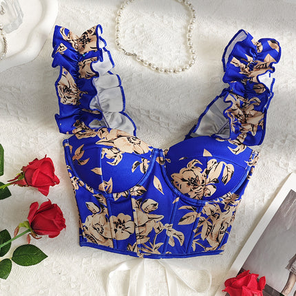Cross-border European and American Summer Explosions Floral Bow Sling Top Sweet Sexy Printed French Corset Vest