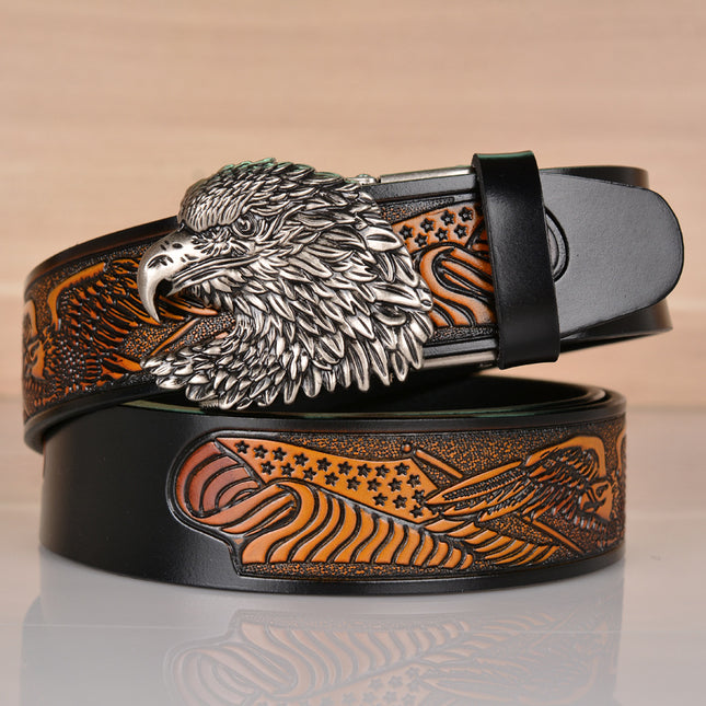 Wholesale Cowhide Men's Belt Eagle Pattern Embossed Retro Eagle Head Automatic Buckle Casual Belt Men's Personalized Trouser Belt