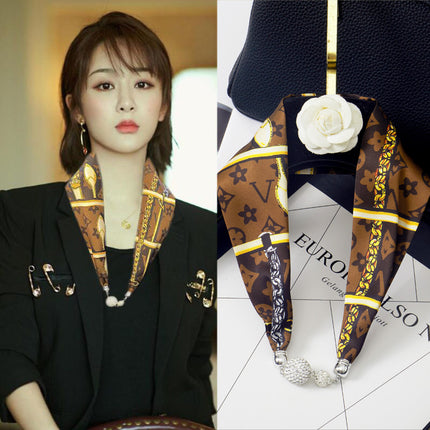 2026 New Magnetic Buckle Small Silk Scarf with Geometric Patterns and Rhinestones, Magnetic Necklace Scarf, Women's Hairband Scarf