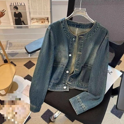 Light Blue American Retro Denim Jacket for Women Spring Single-Breasted Loose Cardigan Design Short Jacket Top