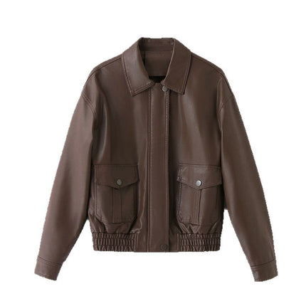 2025 Spring and Autumn New Vegetable Tanned Sheepskin Real Leather Women's Short American Style Retro Motorcycle Aviator Jacket Coat