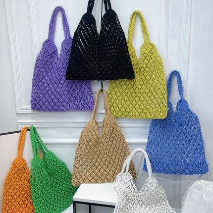 Cross-border new straw shoulder Women's bag large capacity bohemian cotton rope portable hollow woven beach bag