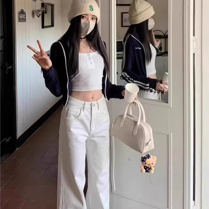 White High-Waisted Straight Jeans for Women in Spring & Fall, Plus Size, Loose, Slimming Look, Pear-Shaped Figure, Floor-Length Pants