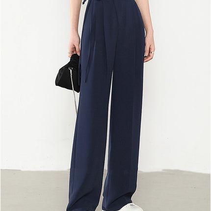 Navy Blue Women's Suit Pants New Chinese Style Tie Pants Drape Slimming Straight Wide-Leg Pants Extended Length