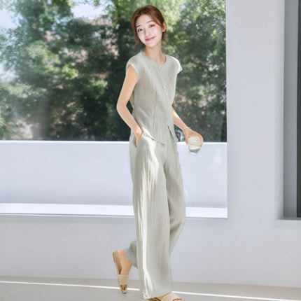 2026 Summer New Korean Style Fashionable Sleeveless Shirt Top Set Loose Casual Long Pants Two-Piece Set for Women