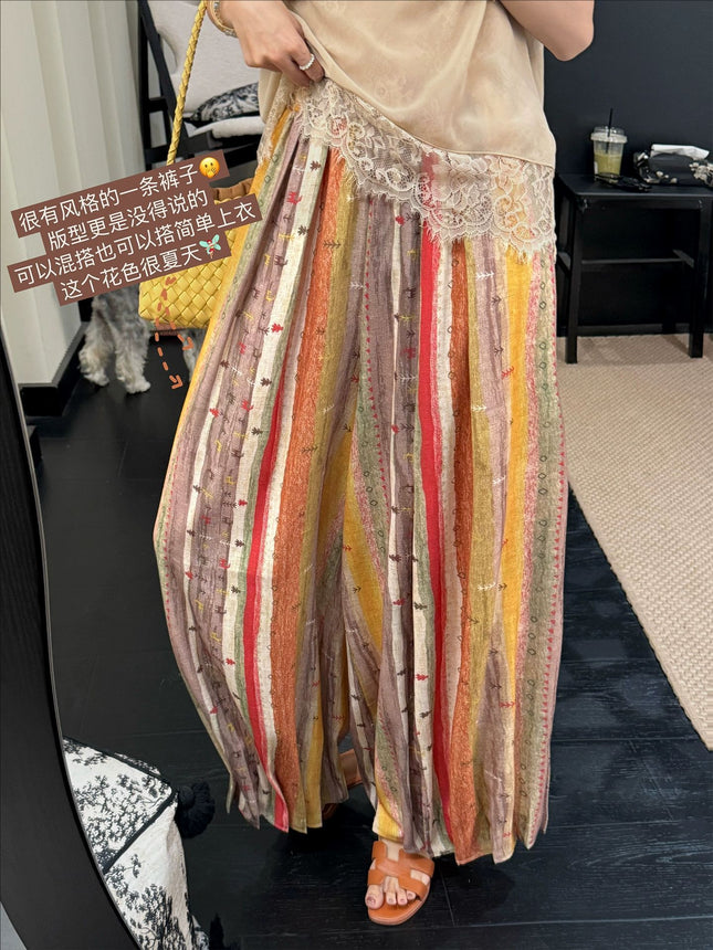 25 Summer "Rainbow Kingdom" Lazy Colorful Striped Thin Summer Wide-Leg Straight Pumpkin Women's Pants