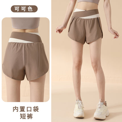 2026 Fake Two-Piece High-Waisted Hip-Lifting Sports Shorts for Women, Anti-Exposure Side Pockets, Loose Fit for Running, Fitness, and Yoga