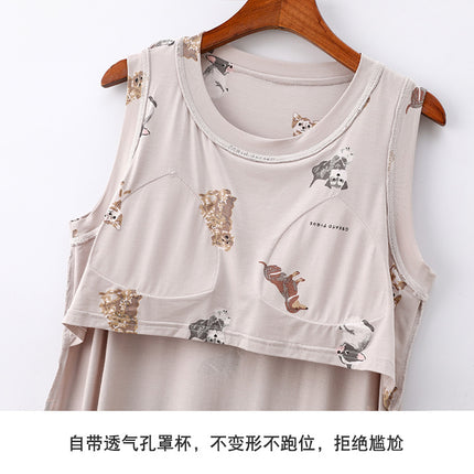 Cartoon Padded Cut-Sleeve Extended Nightgown for Women Summer Thin Printed Can Be Worn Outside Anti-Bump Pajamas Spring