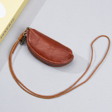 Top Layer Cowhide Vegetable Tanned Leather Mouth Red Envelope Rope Hanging Storage Coin Key Neck Bag Mini Genuine Leather Coin Purse for Women