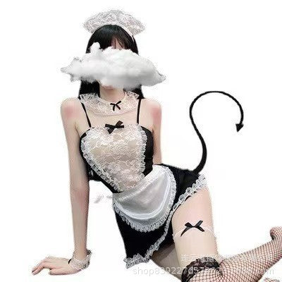 Xi Tang sexy underwear bellyband maid uniform temptation role cos backless perspective lace maid clothing 1141