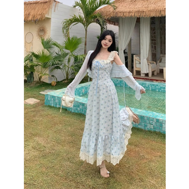 Korean Style Large Size Gentle Style Suspender Dress Women's New Summer Floral Skirt Fat mm Slimming Look Lace Splicing Long Skirt