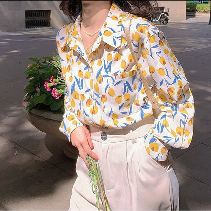 Personalized Printing ~ Retro Elegant Niche Hong Kong Style Long-Sleeved Shirt for Women Spring & Fall New Loose Casual Lapel Shirt