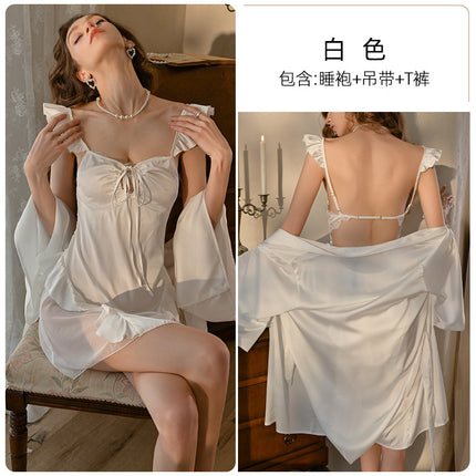 Sexy Summer Thin Ice Silk Seductive Back Lace Camisole Nightdress with Bathrobe and Ruffles 323