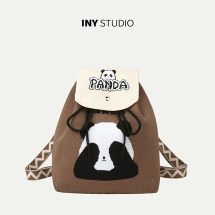 Grandpa Panda Cartoon Knitted Bag Women's Handbag Spring and Summer Popular Large Capacity Shoulder Drawstring Bag Versatile Backpack