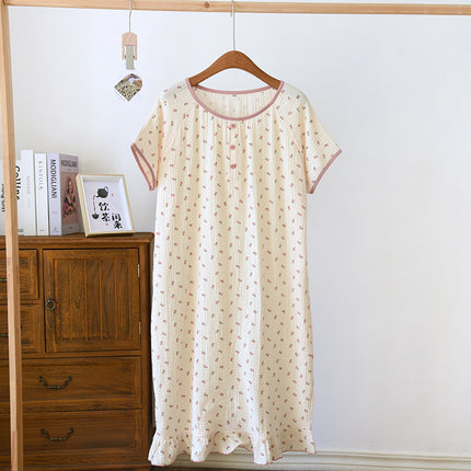 Women's Cotton Double-layer Gauze Baby's Cotton Nightdress Summer New Short-sleeved plus size Loose Thin Cotton Home Clothes