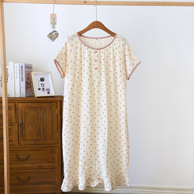 Women's Cotton Double-layer Gauze Baby's Cotton Nightdress Summer New Short-sleeved plus size Loose Thin Cotton Home Clothes