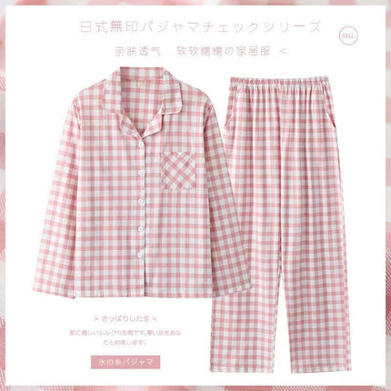 Long-Sleeved Cotton Japanese Pajamas Women's Suit Cotton Plaid Couple Long-Sleeved Home Clothes Men's Summer Thin Suit