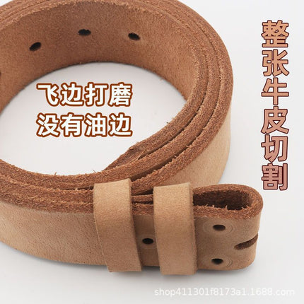Men's Leather Belt with Pin Buckle, Natural Color, 100% Genuine Leather, First-Grade Cowhide, Without Buckle Head