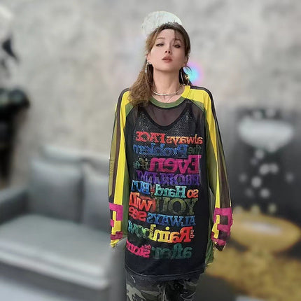Contrast Color Mesh T-Shirt Bottoming Shirt for Women Creative Military Green Printed Loose Mid-Length Pullover Sun Protection Mesh Shirt Top t