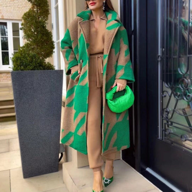 2025 New European and American Autum Cross-Border Women's Clothing, Various Color Matching Fashionable Long-Sleeved Lapel Outwears, Printed Woolen Outwears