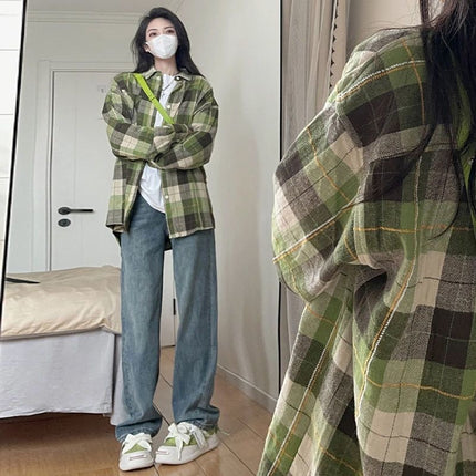 Spring and Autumn Western Style Fashionable Simple Atmospheric Contrast Color Plaid Shirt Women's Lazy Style Stacked Wear Inner Scrub Plaid Top
