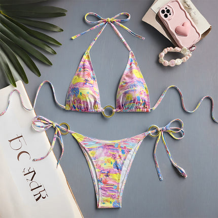 Fresh and Simple Two-Piece Swimsuit for Women, Floral Bikini, New Cross-Border Ruched Gathered Hot Spring Beach Vacation Swimsuit for Women