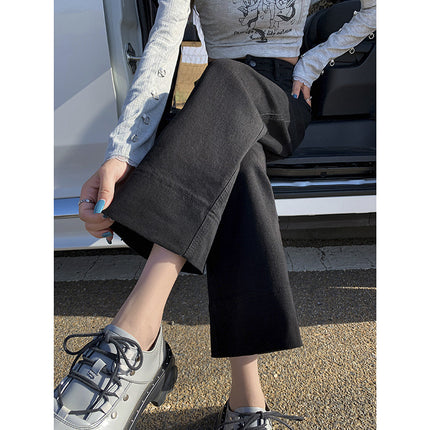 Attention Time Retro High Waist Straight Jeans Women's Autumn and Winter New Slim-fit Cropped Pipe Pants for Small Men