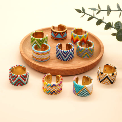 New Miyuki Antique Rice Beads Light Luxury High Sense Hand Woven Stainless Steel Bohemian Style Ring Wholesale