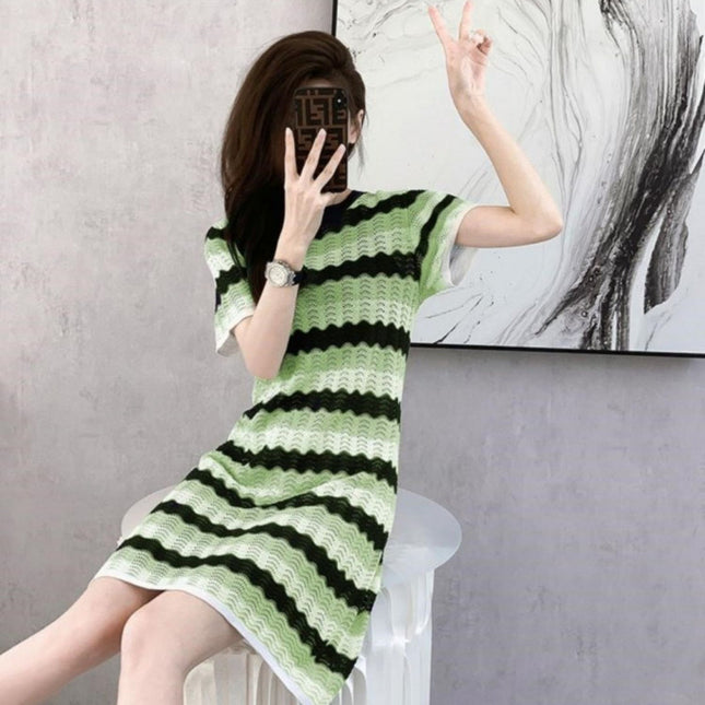 Summer New Style Small Fragrance Casual Temperament High-End Green Dress Women's Summer Gentle Ice Silk Skirt…