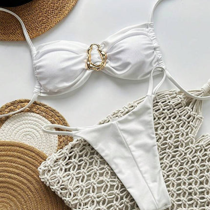 2025 Cross-Border European and American Swimsuit Split Pure Color Glossy Double Fabric Sexy Bikini Bikini Export