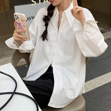 Shirt Women's Design Back Slit Spring Korean Style 2024 New Outer Wear Loose and Chic Long-sleeved Zipper Top