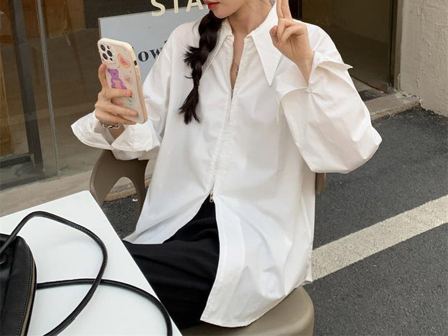 Shirt Women's Design Back Slit Spring Korean Style 2024 New Outer Wear Loose and Chic Long-sleeved Zipper Top