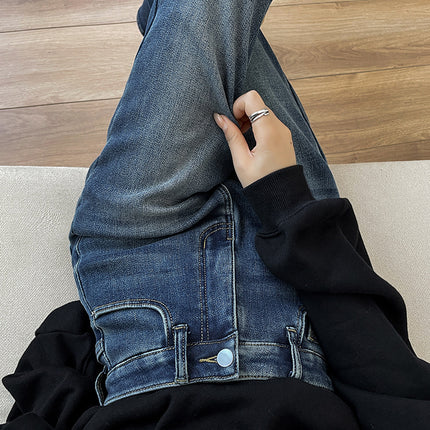 Narrow Wide-Leg Jeans for Women 2025 Autumn and Winter New Wide Elastic High-Waist Petite Draped Fleece-Lined Straight Floor-Length Pants