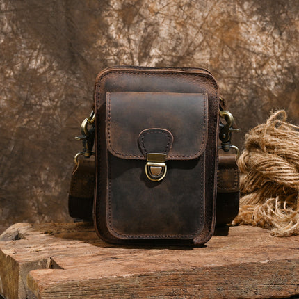 Vintage Men's Genuine Leather Small Bag Top Layer Crazy Horse Leather Crossbody Wearing Belt Mobile Phone Bag Men's Outdoor Casual Hanging Bag Cigarette Bag