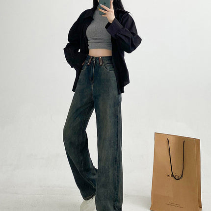 American Retro Narrow Wide-Leg Jeans for Women, 2025 Spring New High-Waisted Loose Slimming Floor-Length Straight Pants