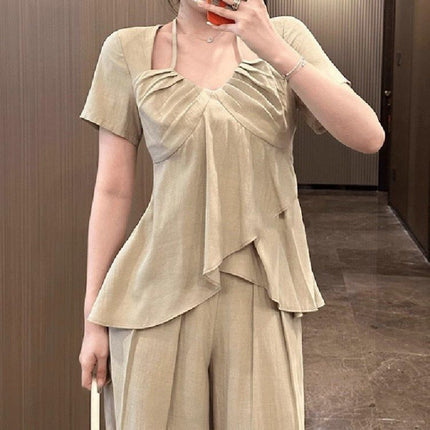 Giant Skinny Pear-Shaped Figure suit plus size Summer chubby girl suit Short-Sleeved Shirt Pants Two-Piece Set for Women
