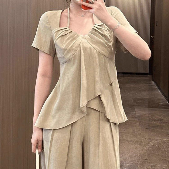 Giant Skinny Pear-Shaped Figure suit plus size Summer chubby girl suit Short-Sleeved Shirt Pants Two-Piece Set for Women
