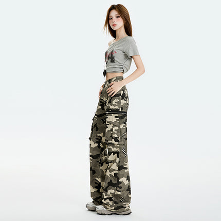 American Retro Multi-Pocket Camouflage High-Waisted Flared Cargo Pants for Women, Summer New Loose Slimming Floor-Length Casual Pants