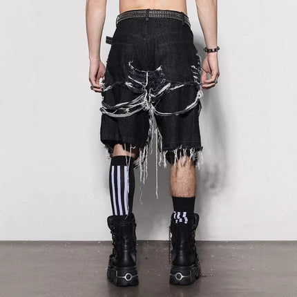 Cross-border European and American High Street Knife Cutting Destruction Design Sense Denim Shorts Men's Street Heavy Industry Straight-leg Wide-leg Five-point Pants