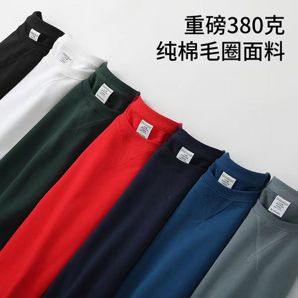 380g Heavyweight Pure Cotton Terry Sweatshirt Men's Sweatshirt American Retro Solid Color Long-Sleeve Crew Neck Unisex Customizable