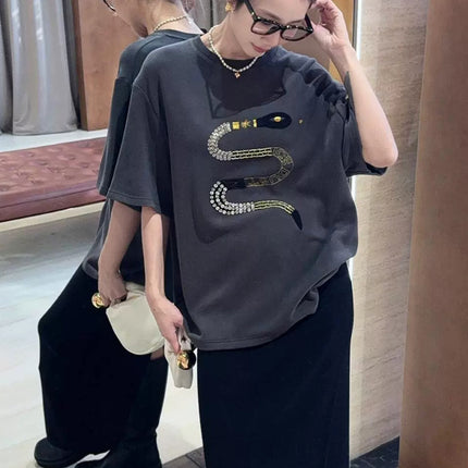 Spring New Capsule Fashionable Year of the Snake Graphics Brushed Sequins Exquisite Loose Round Neck Threaded Edge Short-Sleeved T-Shirt
