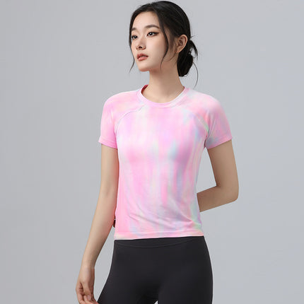 LULU High Elastic Breathable Lightweight One-piece Yoga Aurora Magic Color Half-sleeved Short-sleeved Running T-shirt New