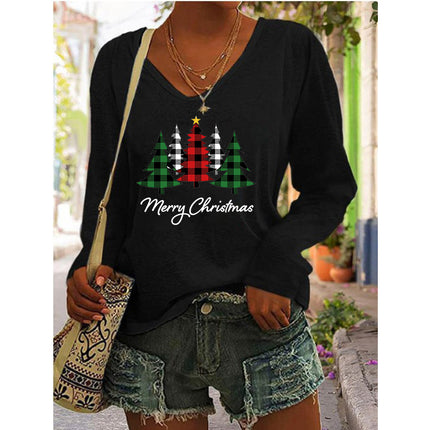 2023 European and American Amazon independent station wish autumn and winter new hot selling women's printed V-neck long sleeve loose T-shirt for women