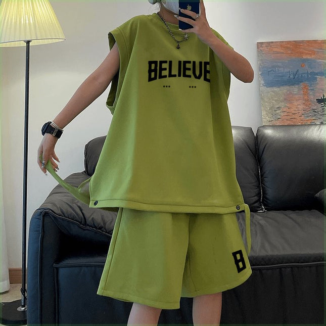 Summer New Trendy Loose-Fitting Large-Size Vest Set for Teenagers, Two-Piece Sports Set, Men's Sleeveless Vest, Casual