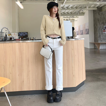 Simple Casual Style Fashionable Low Waist Straight Jeans Women's 2025 Spring Stretch Slim-fit Slimming White Trousers