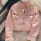 Pink leather jacket + white vest [two-piece set] / S