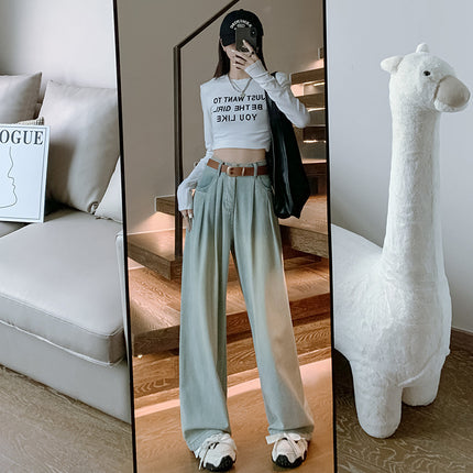 Narrow Wide-Leg Jeans for Women, High-Waisted, Popular in Spring 2026, Pleated Design, Loose, Slimming, Straight-Leg, Floor-Length Pants