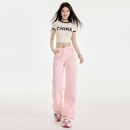 Spring 2025 New Pink High Waist Stitching Design Contrast Color Straight Jeans Women JEANS WOMEN