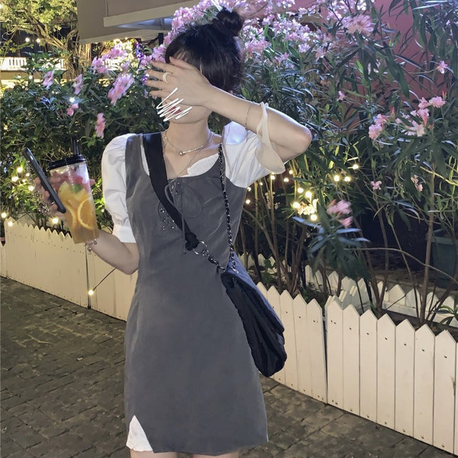 Fake Two-Piece Dress 2026 Spring/Summer New Style Gray Patchwork Slim-Fit Short-Sleeve Design Trendy Short Dress