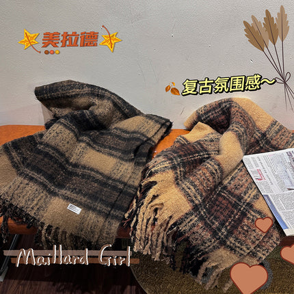 Warm coffee Maillard ~ dark blue light blue * Internet celebrity ins mohair plaid scarf autumn and winter thickened warm scarf